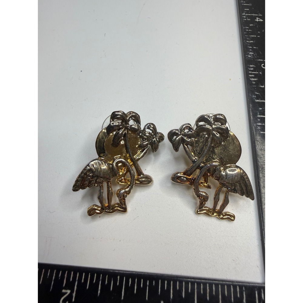 Tropical Flamingo Palm Tree Earrings Two Tone Gold Silver Mixed Metal Post Back
